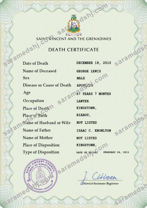 Saint Vincent and the Grenadines death certificate PSD template